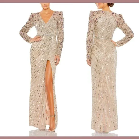 NWT $698 Mac Duggal [ 8 ] 5628 Long Sleeve Embellished Puff Sleeve‎ Gown Nude